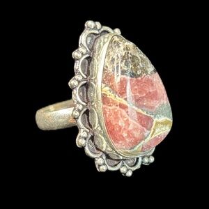 .925 Silver Overlay Rhodochrosite Teardrop Size 6.75 Ring
